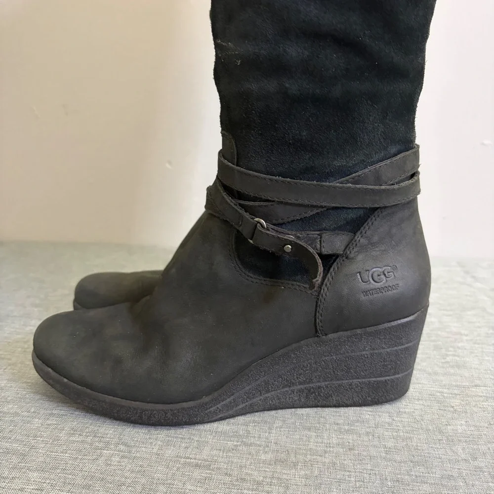 UGG Tall Boots Womens 8 Black Simmens Waterproof Suede Leather Wedge‎ Buckle